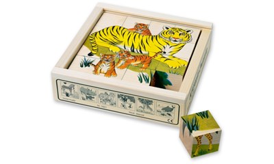 Würfelpuzzle Wildtiere 16 Würfel, Ahornholz, Holzbox