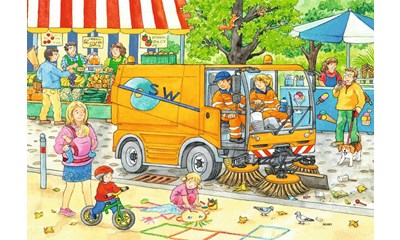 Unterwegs mit Müllabfuhr und Kehrmaschine